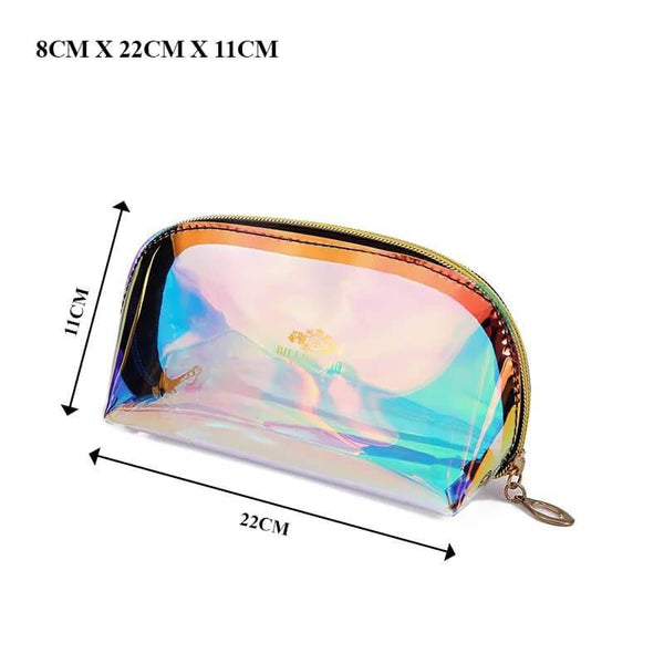 Holographic rainbow makeup bag with a secure zipper closure, ideal for storing beauty and skincare products.