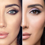 Before and after transformation using Honeymoon Ocean contact lenses on dark brown eyes.