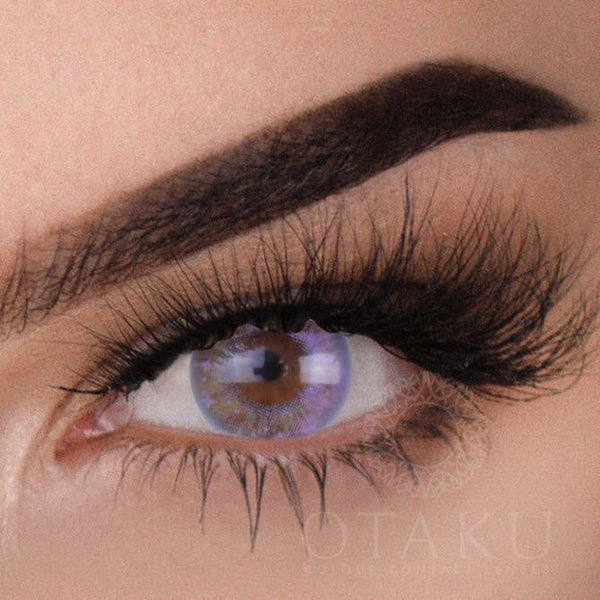 Otaku Angelic neon purple contact lenses with a subtle purple limbal ring, designed for full dark eye coverage.