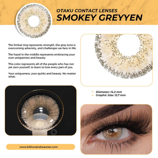 Otaku Smokey Greyyen contact lenses compared to other grey shades, highlighting their unique smoky brown effect.