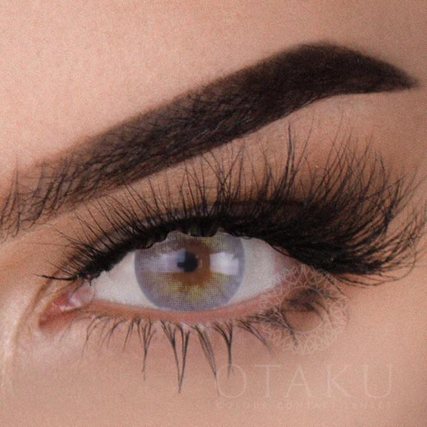 Otaku Winter Kiss soft grey contact lenses, designed for full dark eye coverage with a subtle and elegant effect.