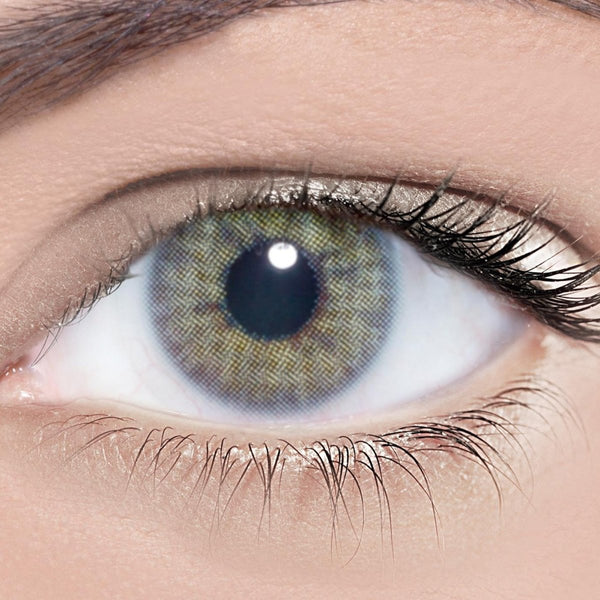 Solotica Hidrocor Rio Ipanema green contact lenses with yellow and blue undertones, designed for full dark eye coverage